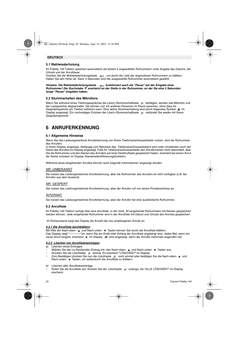 6 anruferkennung | Topcom FIDELITY 140 User Manual | Page 20 / 60