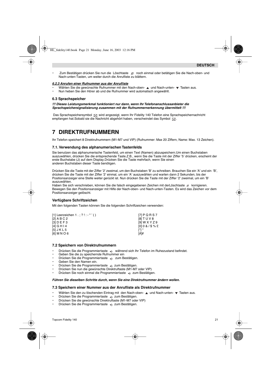 7 direktrufnummern | Topcom FIDELITY 140 User Manual | Page 21 / 60