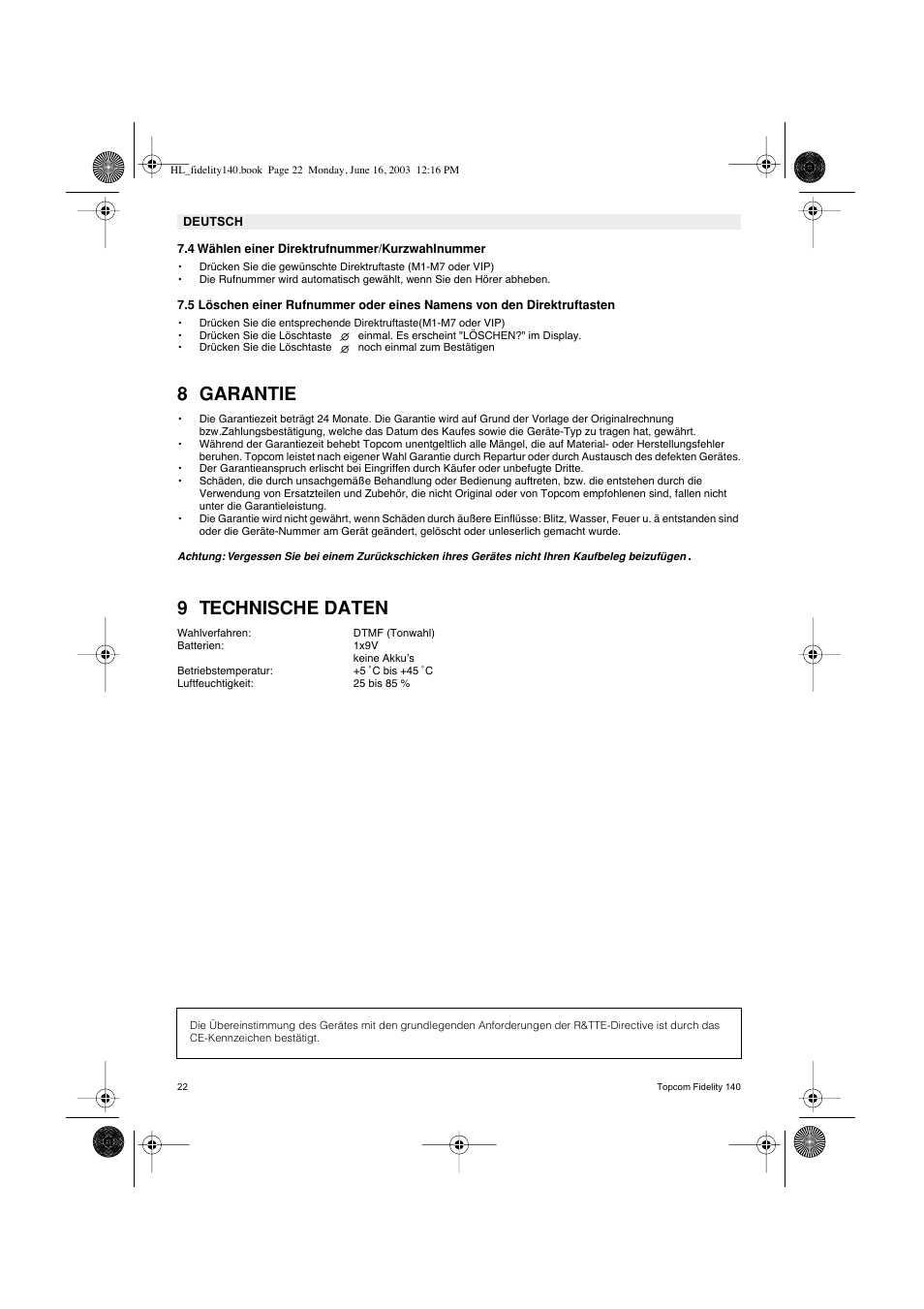 8 garantie, 9 technische daten | Topcom FIDELITY 140 User Manual | Page 22 / 60