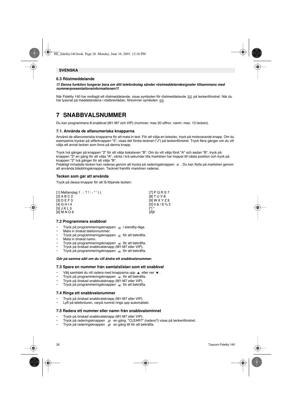 7 snabbvalsnummer | Topcom FIDELITY 140 User Manual | Page 26 / 60