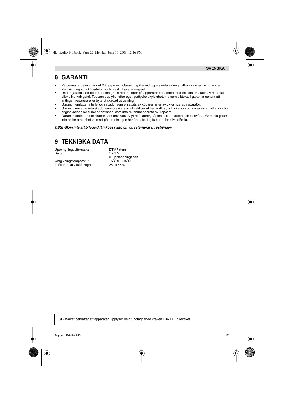 8 garanti, 9 tekniska data | Topcom FIDELITY 140 User Manual | Page 27 / 60