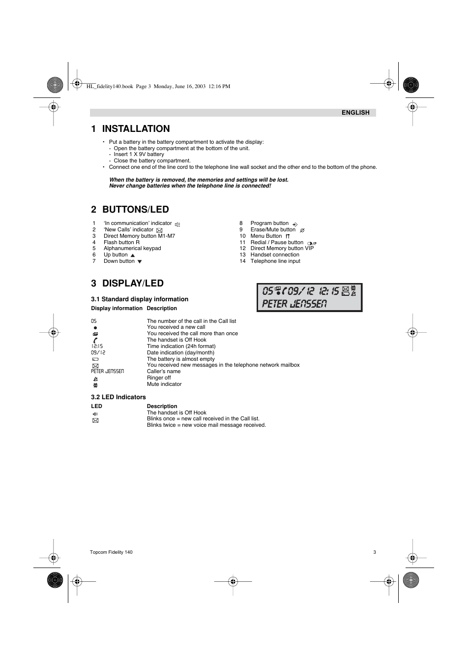 1 installation, 2 buttons/led 3 display/led | Topcom FIDELITY 140 User Manual | Page 3 / 60