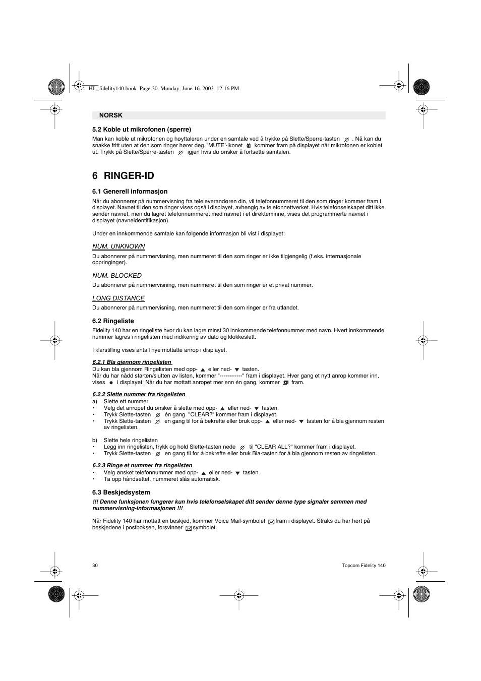 6 ringer-id | Topcom FIDELITY 140 User Manual | Page 30 / 60
