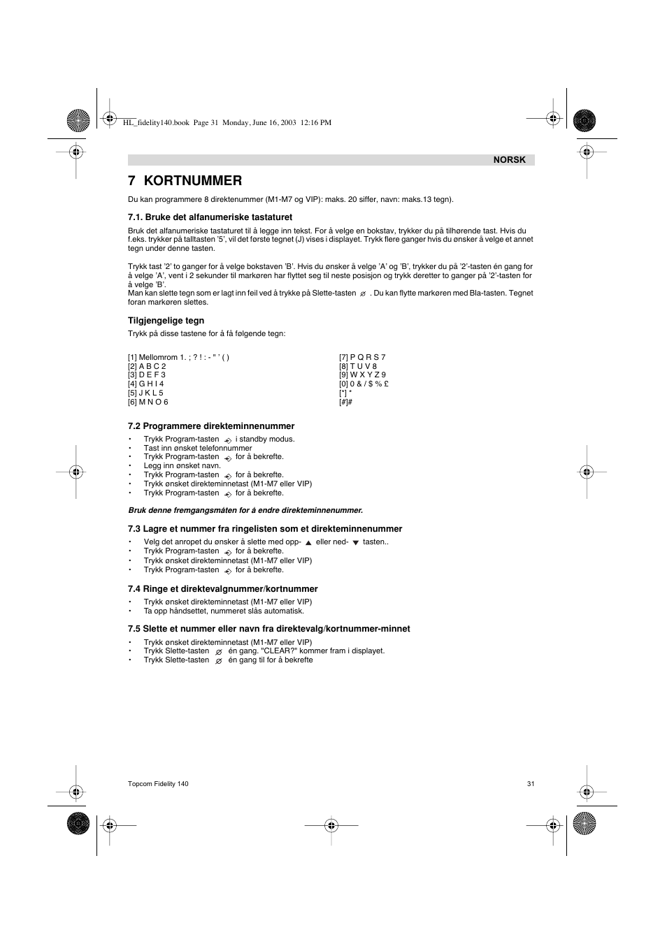 7 kortnummer | Topcom FIDELITY 140 User Manual | Page 31 / 60