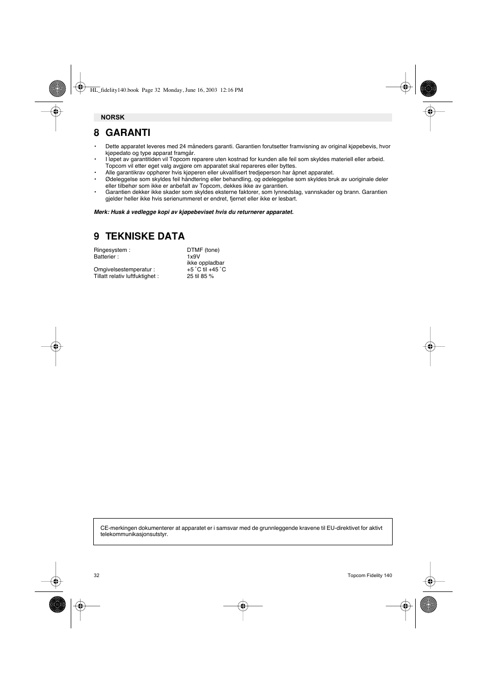 8 garanti, 9 tekniske data | Topcom FIDELITY 140 User Manual | Page 32 / 60