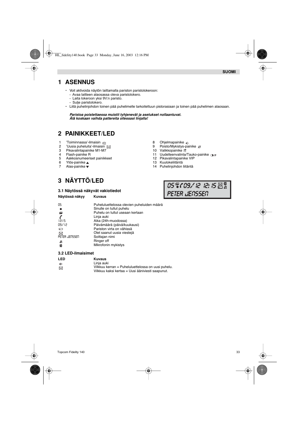1 asennus, 2 painikkeet/led 3 näyttö/led | Topcom FIDELITY 140 User Manual | Page 33 / 60