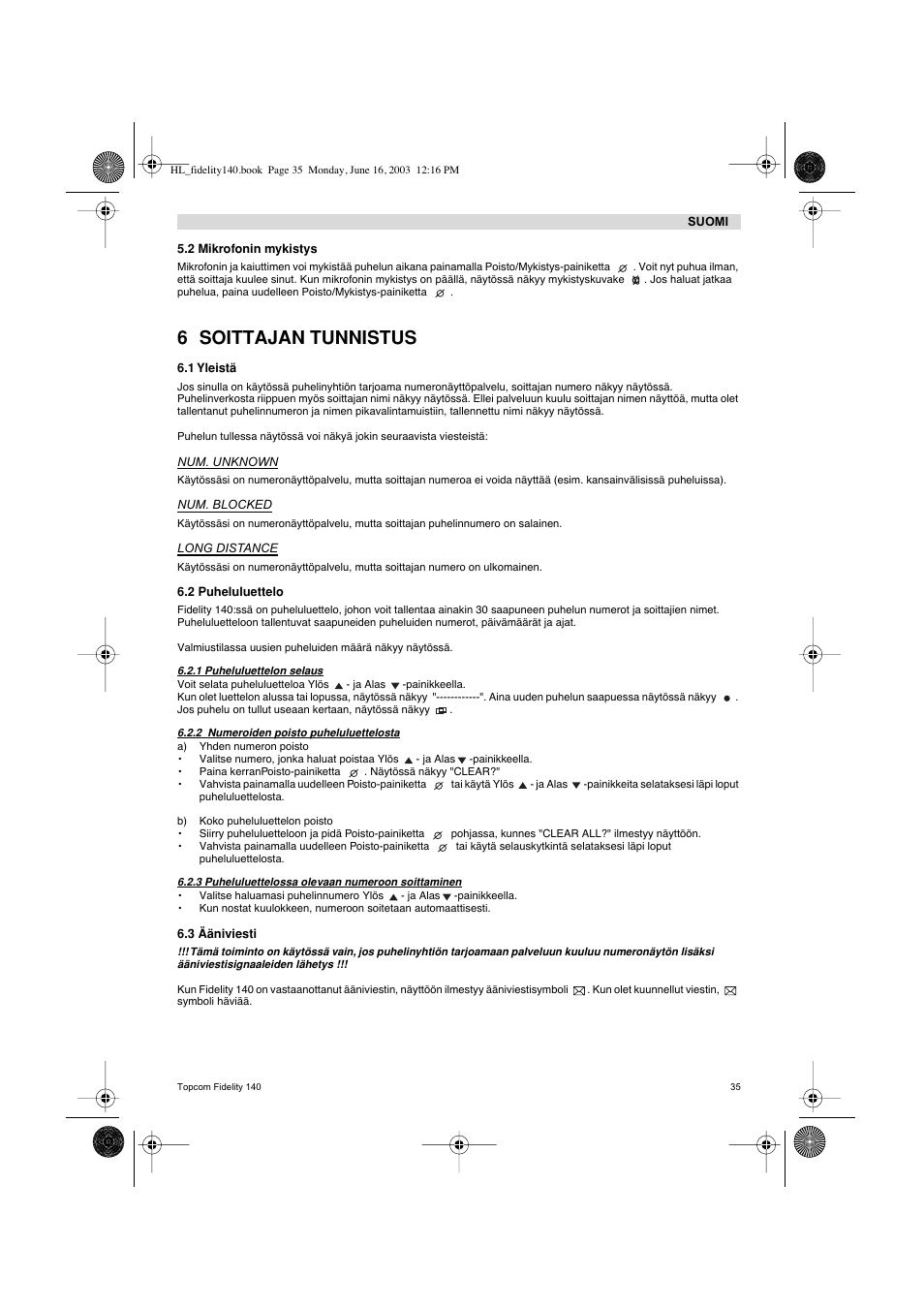 6 soittajan tunnistus | Topcom FIDELITY 140 User Manual | Page 35 / 60