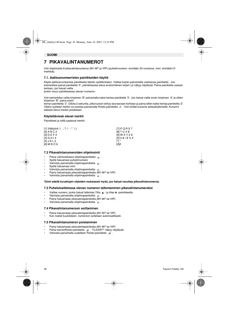 7 pikavalintanumerot | Topcom FIDELITY 140 User Manual | Page 36 / 60