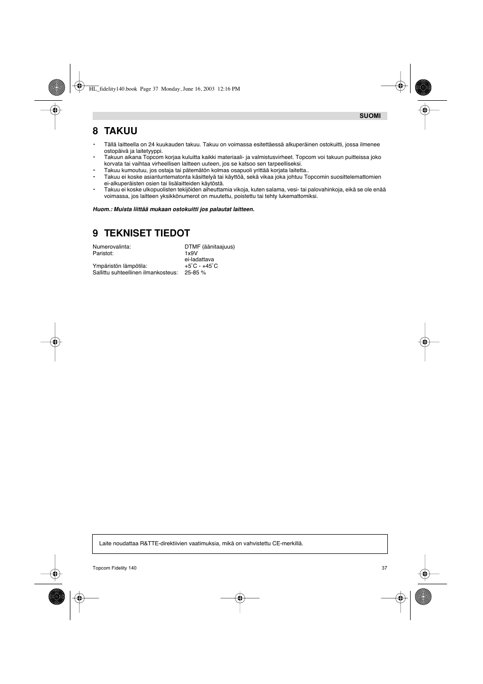 8 takuu, 9 tekniset tiedot | Topcom FIDELITY 140 User Manual | Page 37 / 60