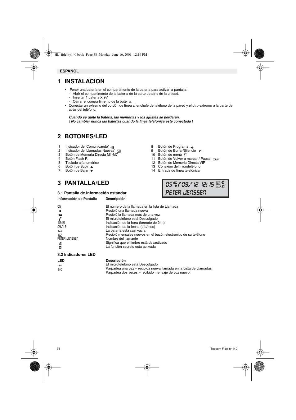 1 instalacion, 2 botones/led 3 pantalla/led | Topcom FIDELITY 140 User Manual | Page 38 / 60