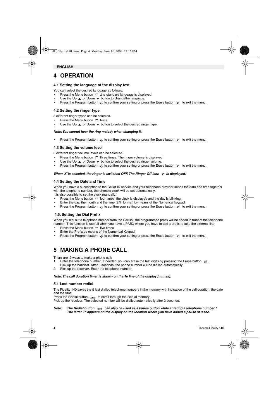 4 operation, 5 making a phone call | Topcom FIDELITY 140 User Manual | Page 4 / 60