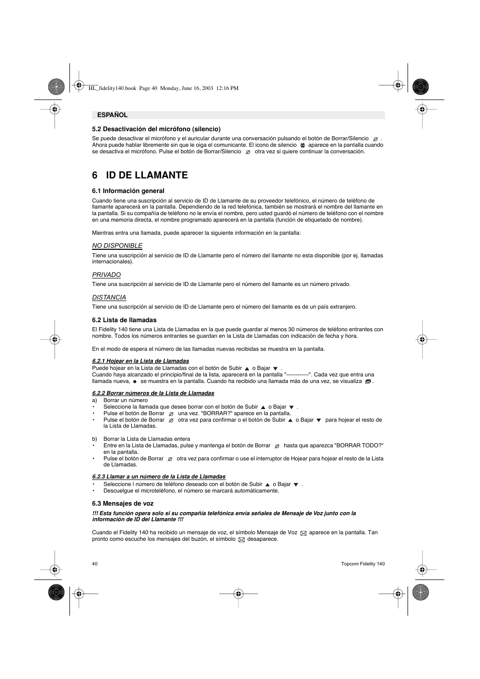 6 id de llamante | Topcom FIDELITY 140 User Manual | Page 40 / 60
