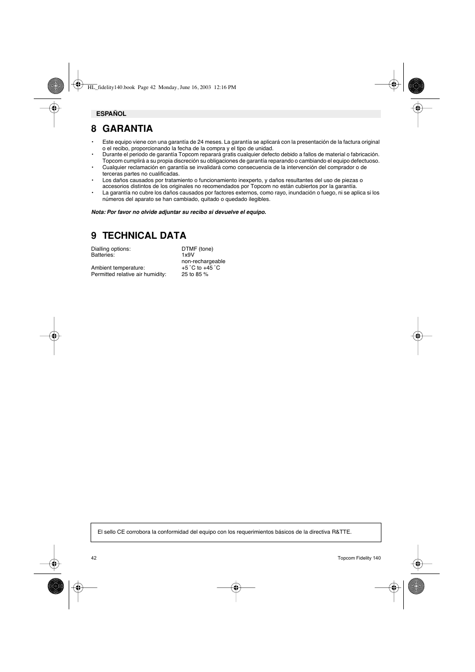 8 garantia, 9 technical data | Topcom FIDELITY 140 User Manual | Page 42 / 60