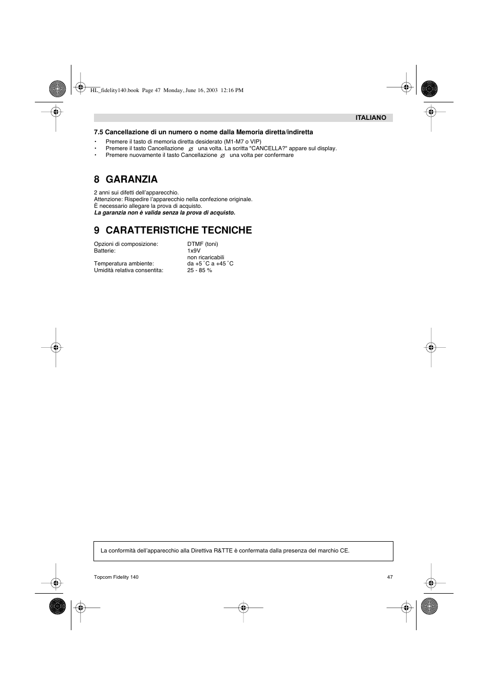 8 garanzia, 9 caratteristiche tecniche | Topcom FIDELITY 140 User Manual | Page 47 / 60