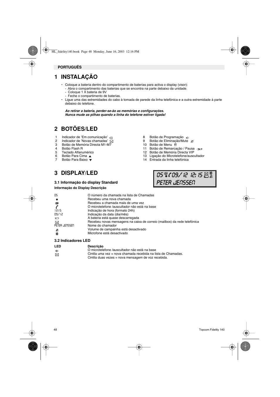 1 instalação, 2 botões/led 3 display/led | Topcom FIDELITY 140 User Manual | Page 48 / 60