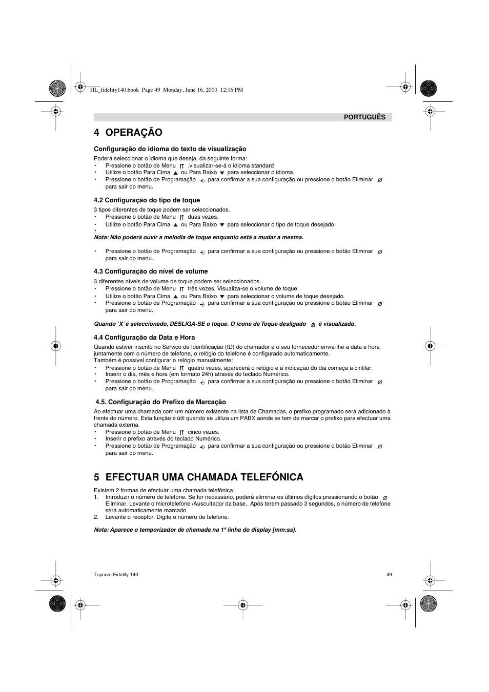 4 operação, 5 efectuar uma chamada telefónica | Topcom FIDELITY 140 User Manual | Page 49 / 60