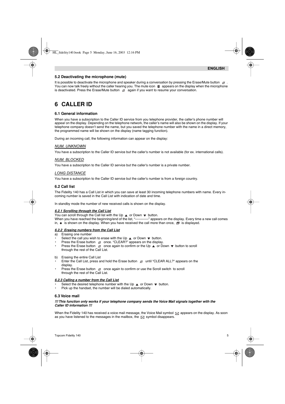 6 caller id | Topcom FIDELITY 140 User Manual | Page 5 / 60