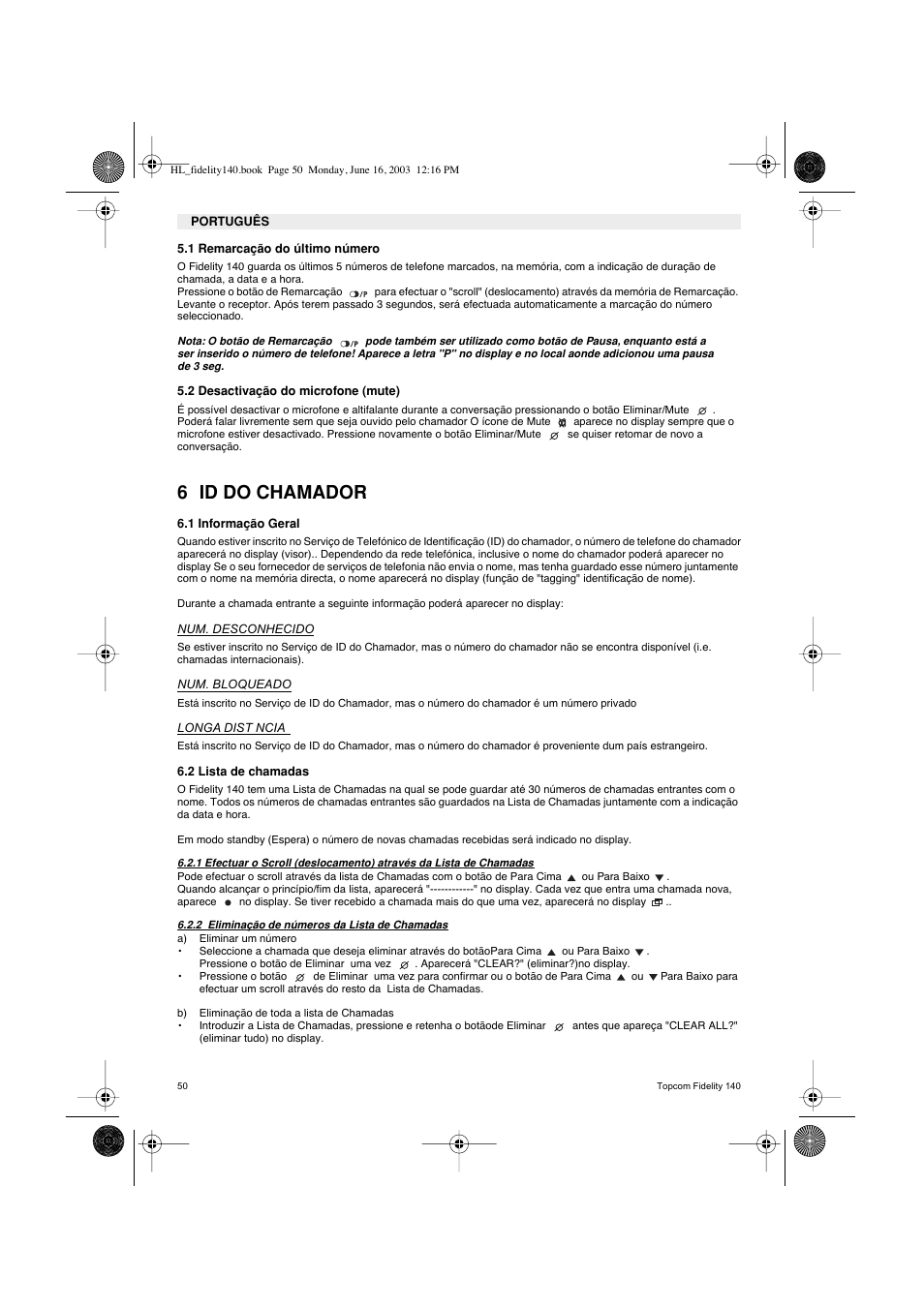 6 id do chamador | Topcom FIDELITY 140 User Manual | Page 50 / 60