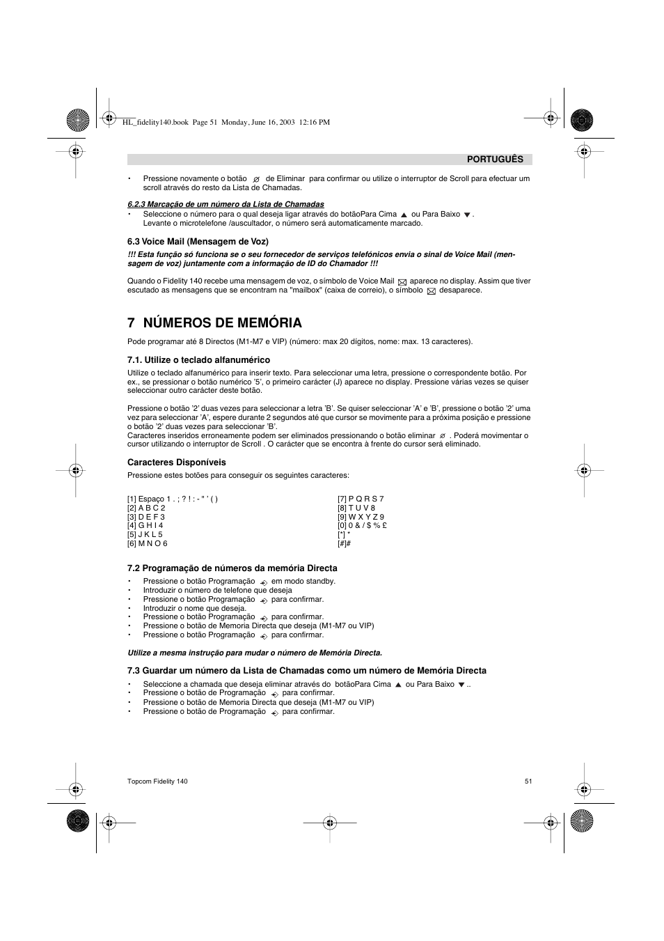7 números de memória | Topcom FIDELITY 140 User Manual | Page 51 / 60