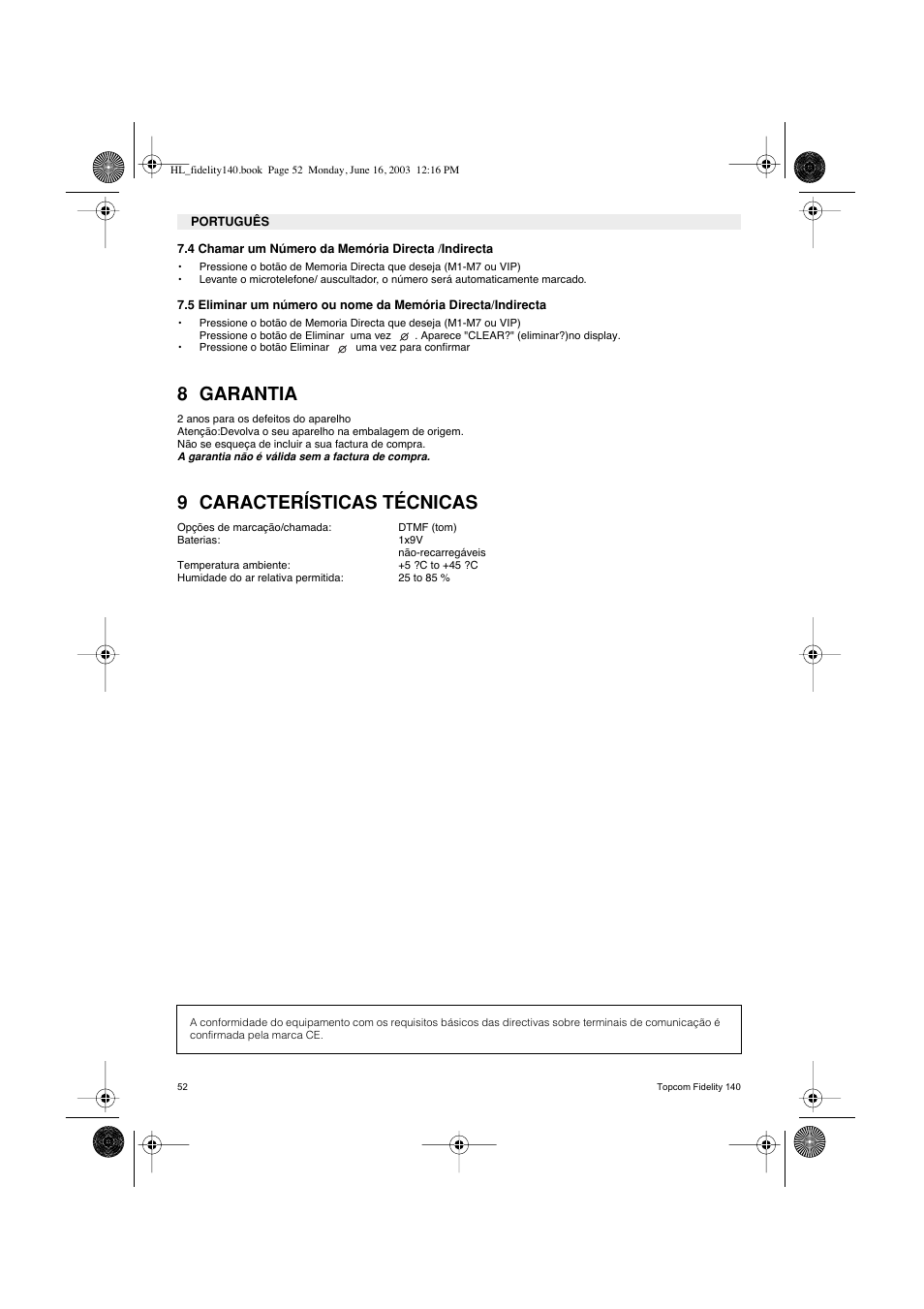 8 garantia, 9 características técnicas | Topcom FIDELITY 140 User Manual | Page 52 / 60