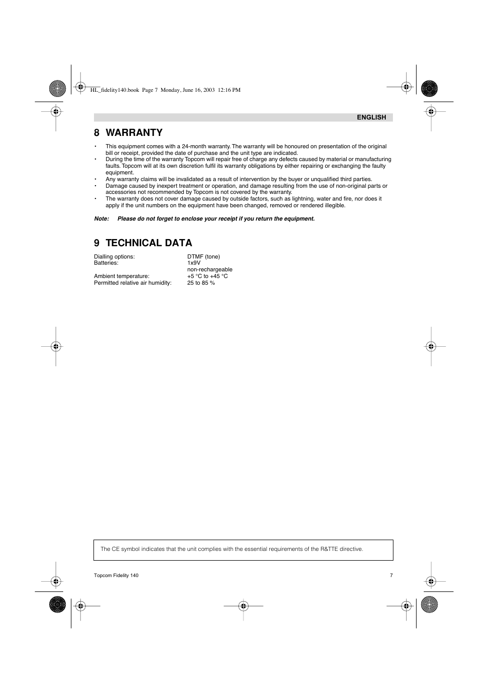 8 warranty, 9 technical data | Topcom FIDELITY 140 User Manual | Page 7 / 60