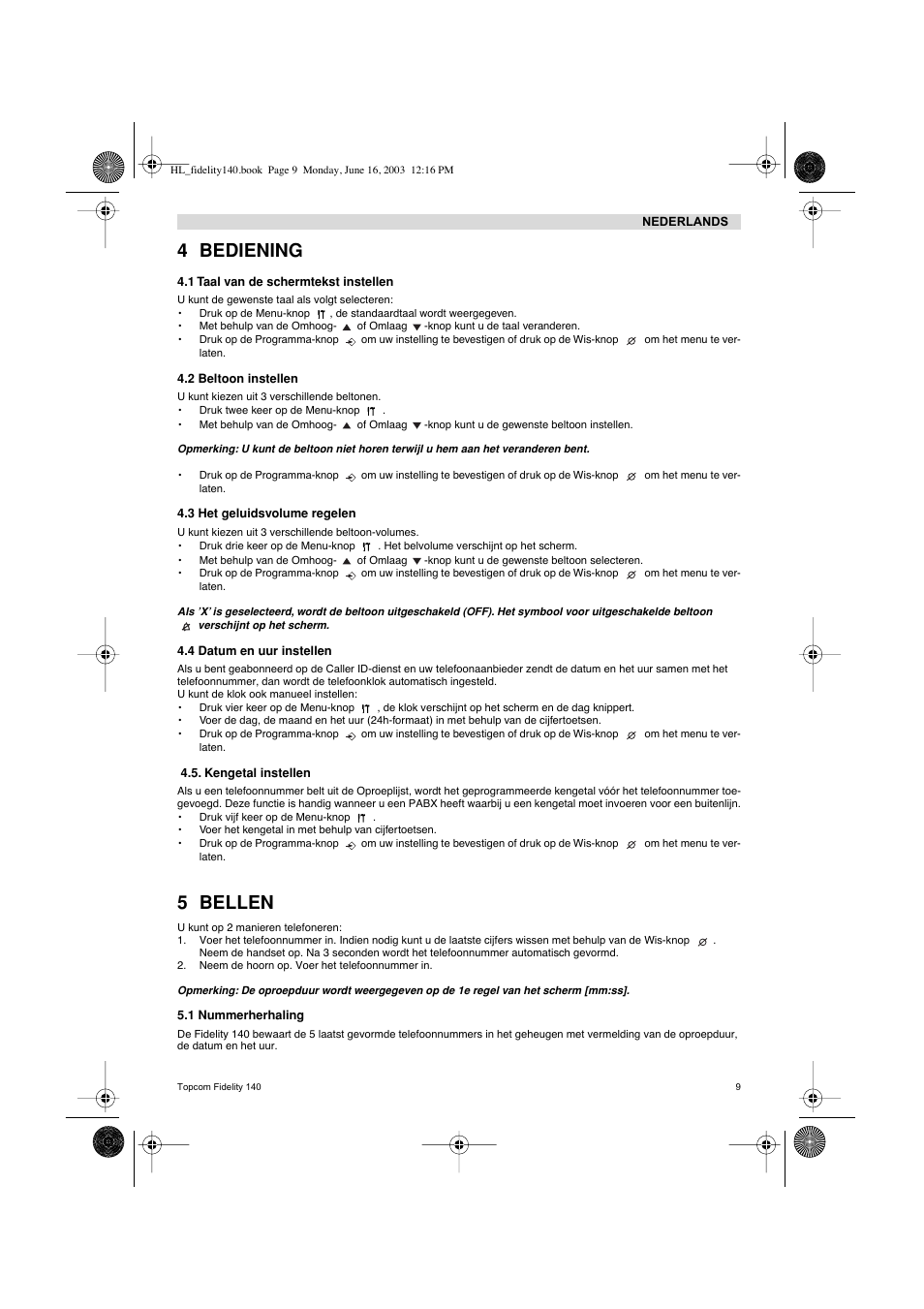 4 bediening, 5 bellen | Topcom FIDELITY 140 User Manual | Page 9 / 60