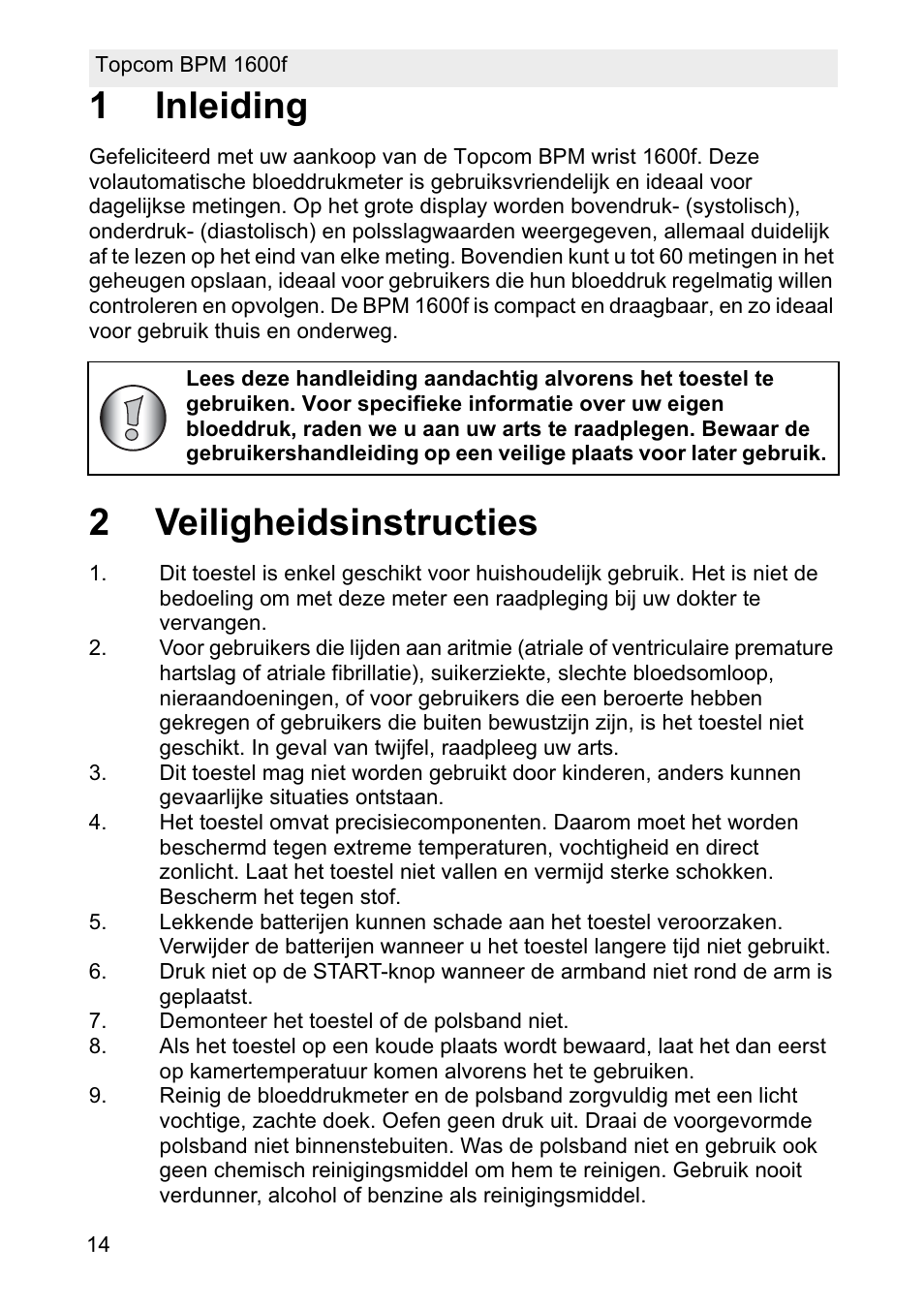 1inleiding, 2veiligheidsinstructies | Topcom BPM ARM 1600F User Manual | Page 14 / 96