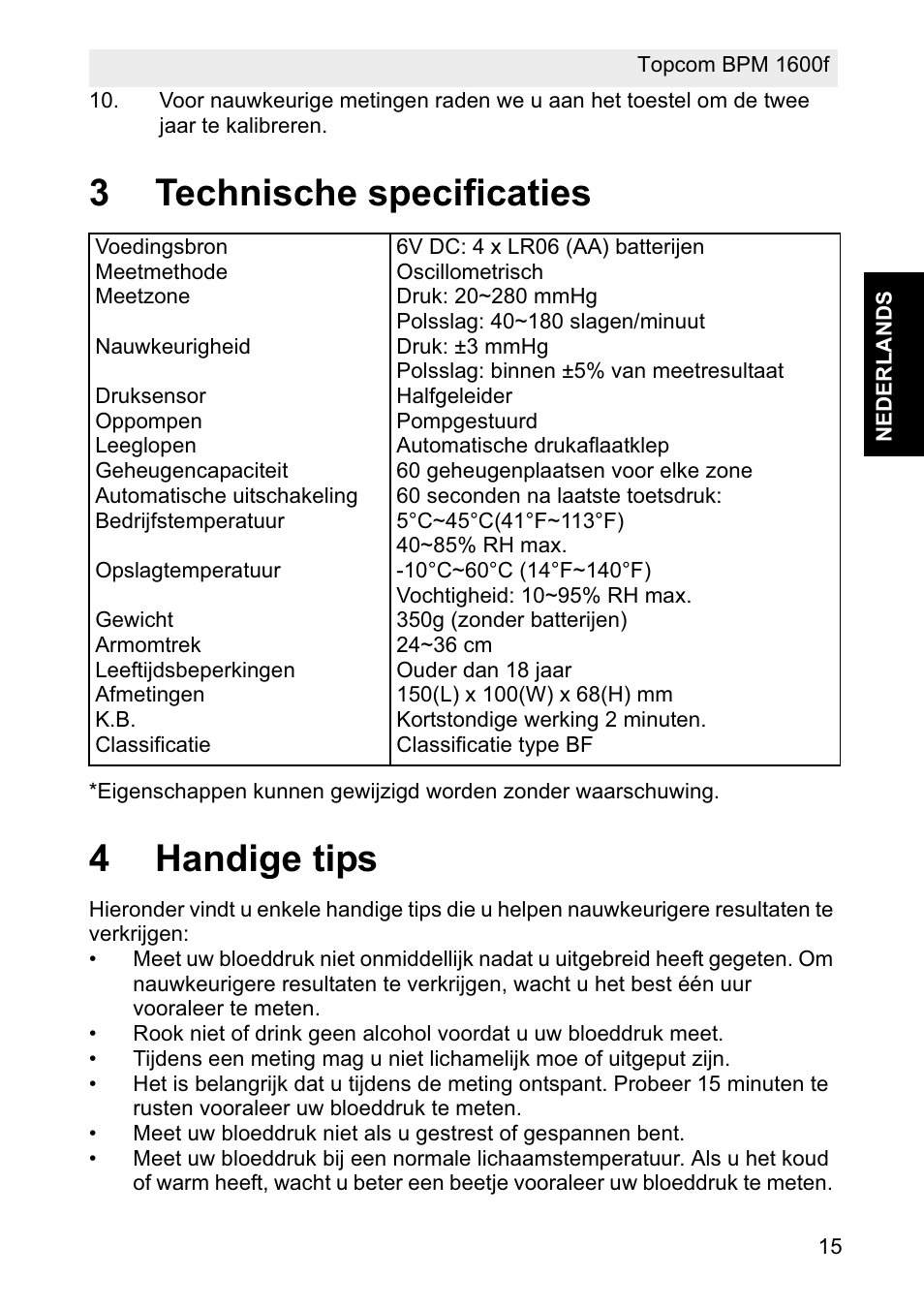 3technische specificaties, 4handige tips | Topcom BPM ARM 1600F User Manual | Page 15 / 96