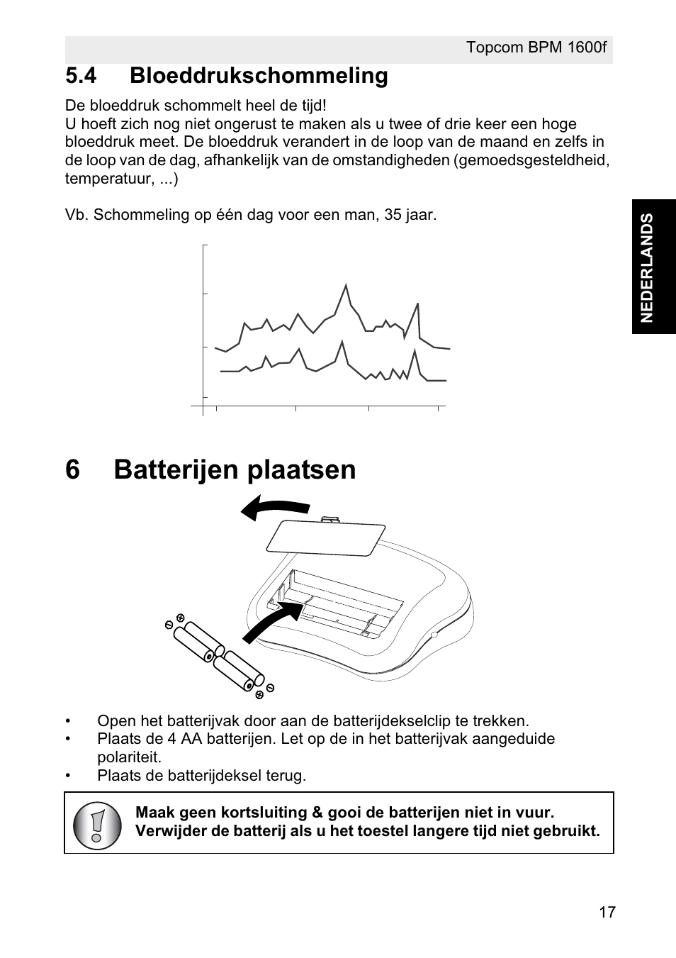 6batterijen plaatsen, 4 bloeddrukschommeling | Topcom BPM ARM 1600F User Manual | Page 17 / 96