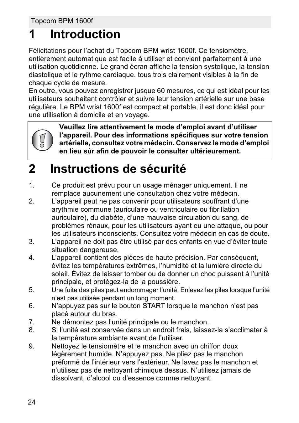 1introduction, 2instructions de sécurité | Topcom BPM ARM 1600F User Manual | Page 24 / 96