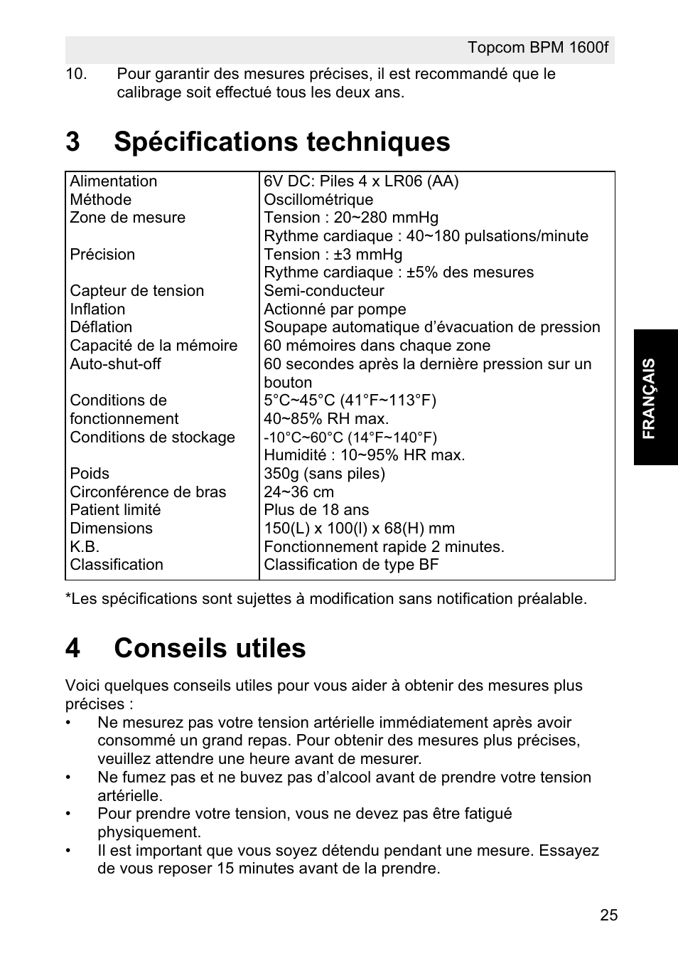 3spécifications techniques, 4conseils utiles | Topcom BPM ARM 1600F User Manual | Page 25 / 96