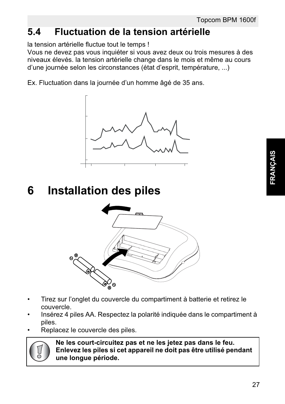 6installation des piles, 4 fluctuation de la tension artérielle | Topcom BPM ARM 1600F User Manual | Page 27 / 96