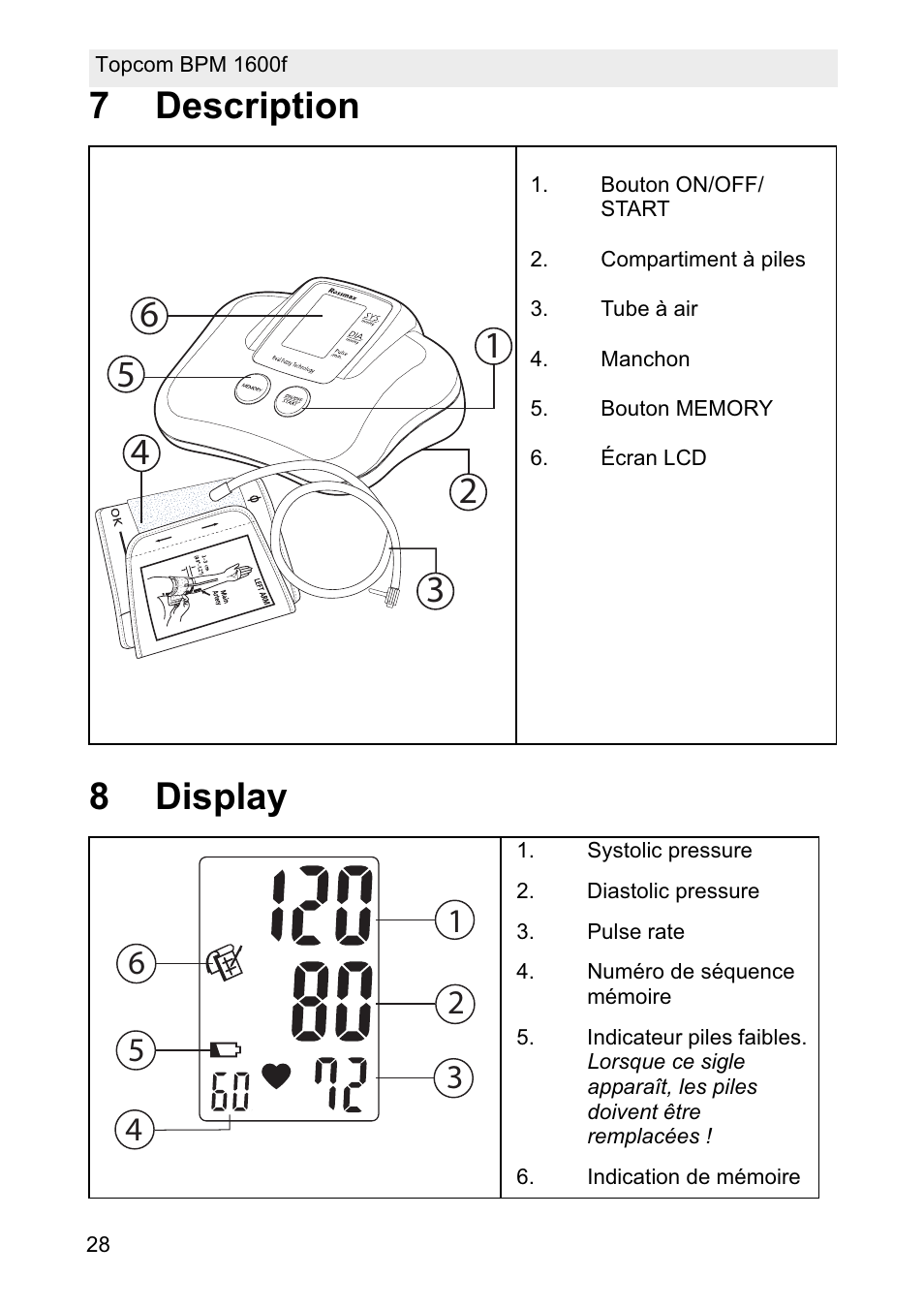 7description 8 display | Topcom BPM ARM 1600F User Manual | Page 28 / 96