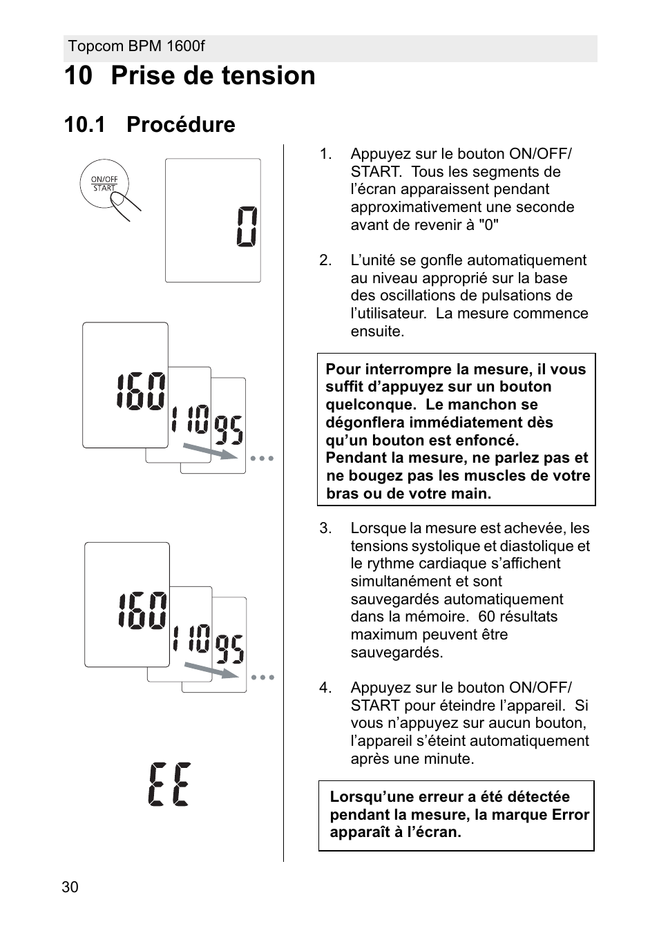 10 prise de tension, 1 procédure | Topcom BPM ARM 1600F User Manual | Page 30 / 96