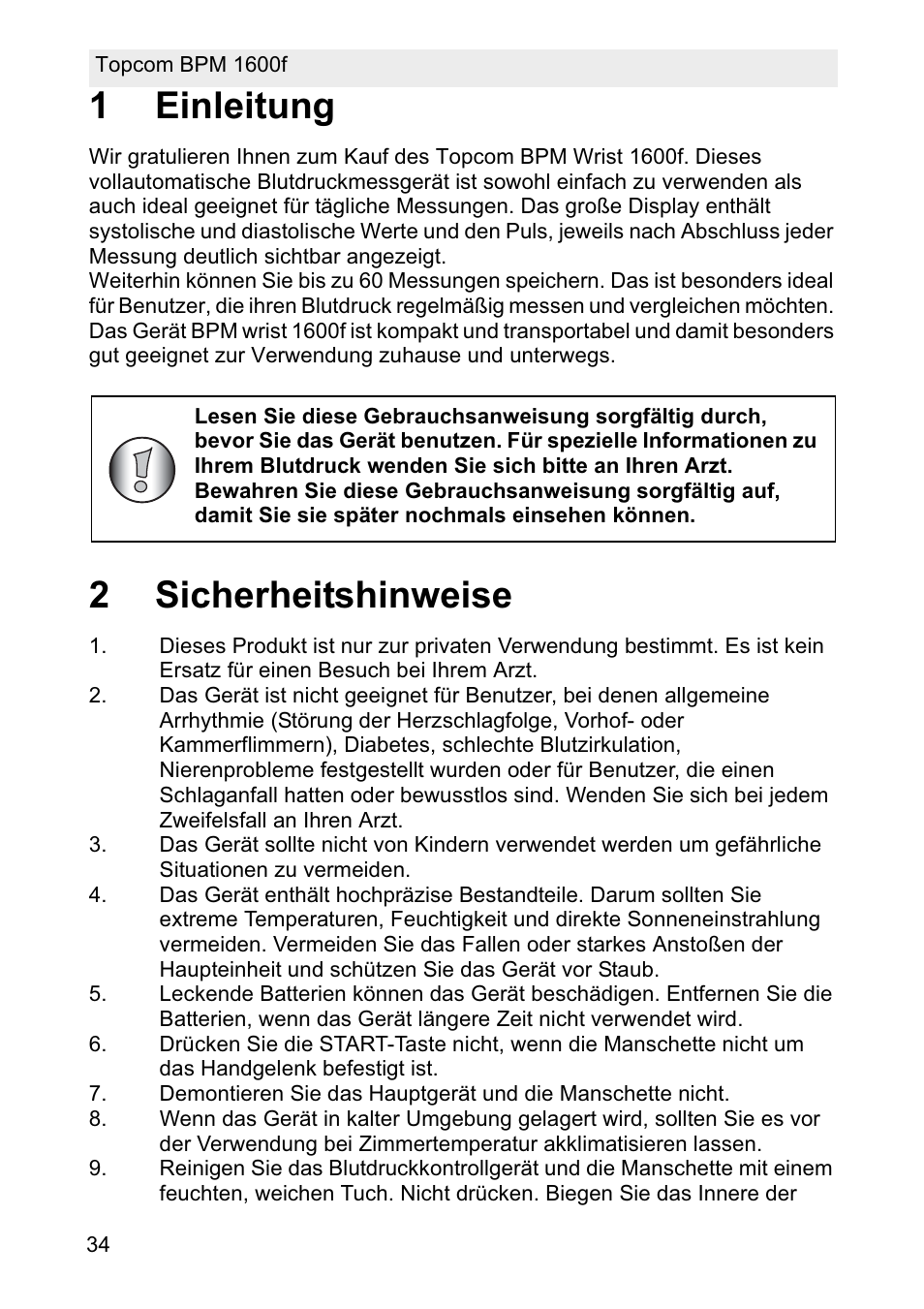 1einleitung, 2sicherheitshinweise | Topcom BPM ARM 1600F User Manual | Page 34 / 96