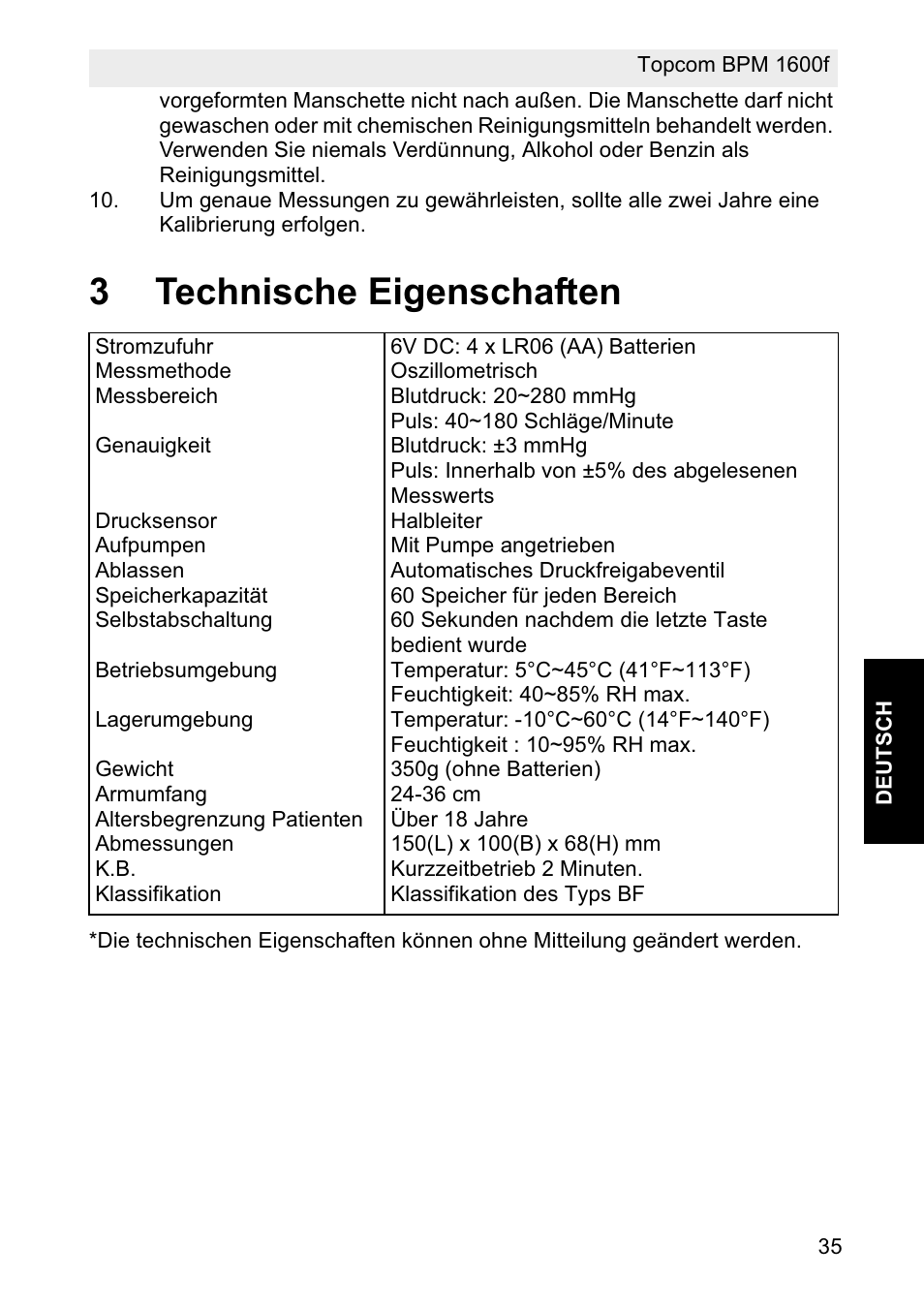 3technische eigenschaften | Topcom BPM ARM 1600F User Manual | Page 35 / 96