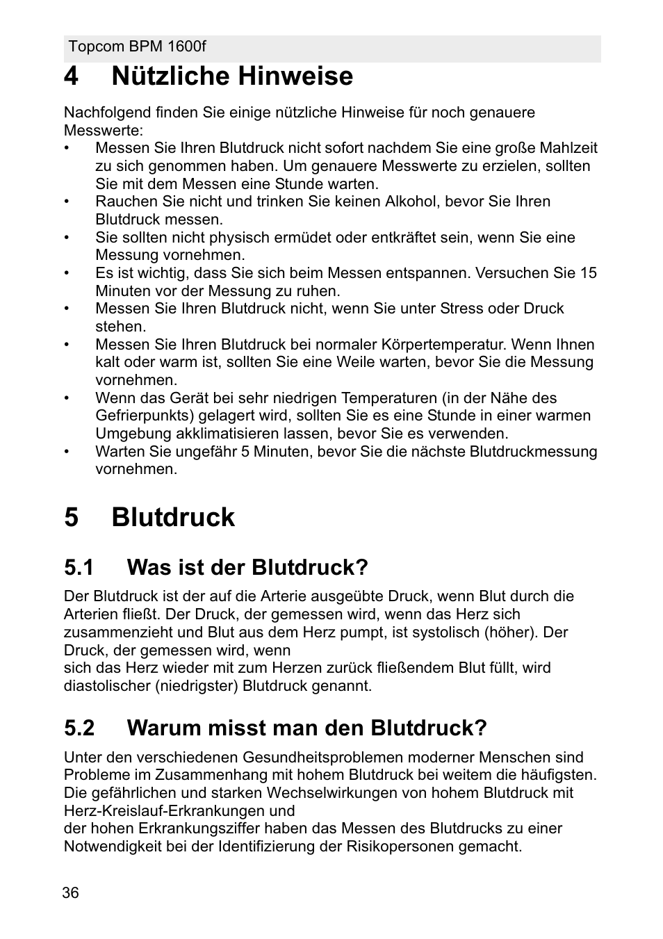 4nützliche hinweise, 5blutdruck, 1 was ist der blutdruck | 2 warum misst man den blutdruck | Topcom BPM ARM 1600F User Manual | Page 36 / 96