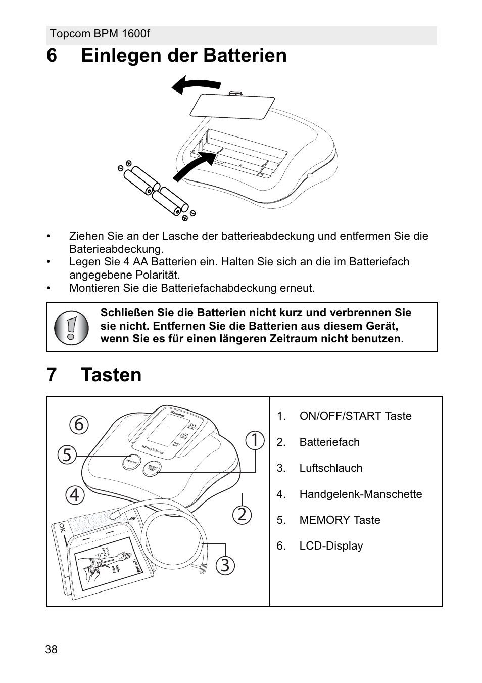 6einlegen der batterien, 7tasten | Topcom BPM ARM 1600F User Manual | Page 38 / 96