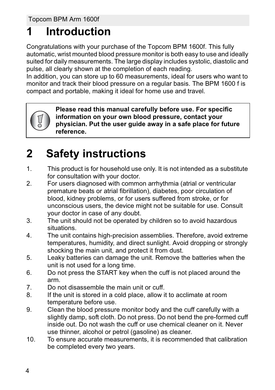 1introduction, 2safety instructions | Topcom BPM ARM 1600F User Manual | Page 4 / 96
