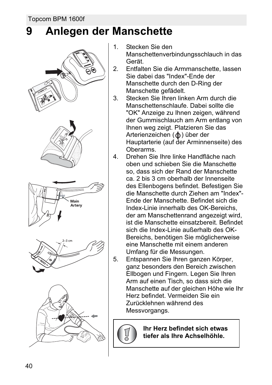 9anlegen der manschette | Topcom BPM ARM 1600F User Manual | Page 40 / 96