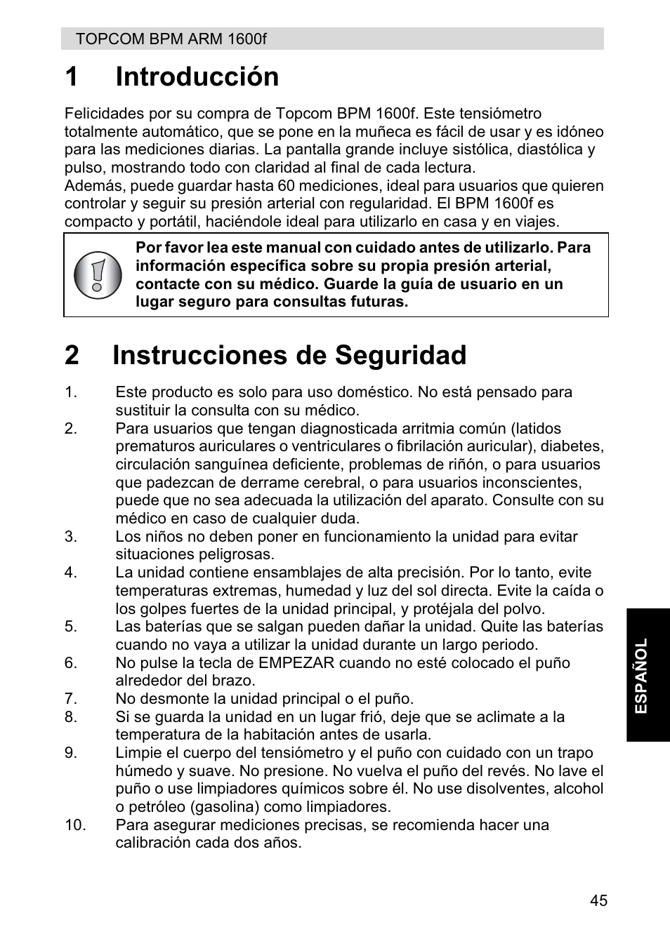 1introducción, 2instrucciones de seguridad | Topcom BPM ARM 1600F User Manual | Page 45 / 96