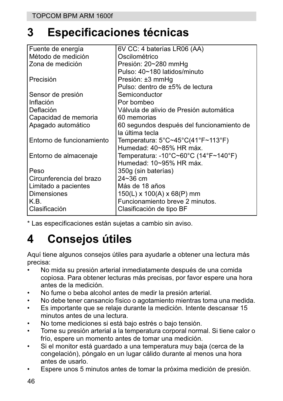 3especificaciones técnicas, 4consejos útiles | Topcom BPM ARM 1600F User Manual | Page 46 / 96