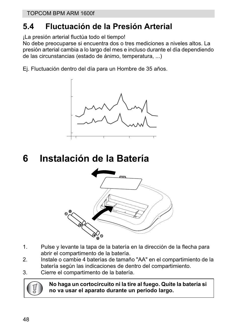 6instalación de la batería, 4 fluctuación de la presión arterial | Topcom BPM ARM 1600F User Manual | Page 48 / 96