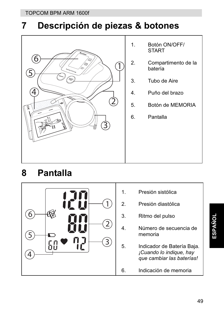 7descripción de piezas & botones 8 pantalla | Topcom BPM ARM 1600F User Manual | Page 49 / 96