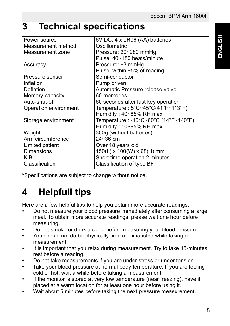 3technical specifications, 4helpfull tips | Topcom BPM ARM 1600F User Manual | Page 5 / 96