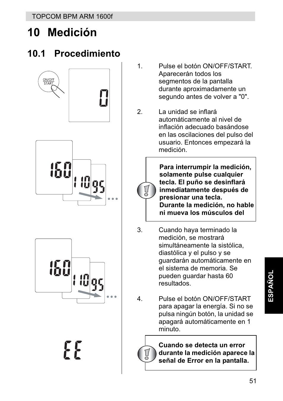 10 medición, 1 procedimiento | Topcom BPM ARM 1600F User Manual | Page 51 / 96