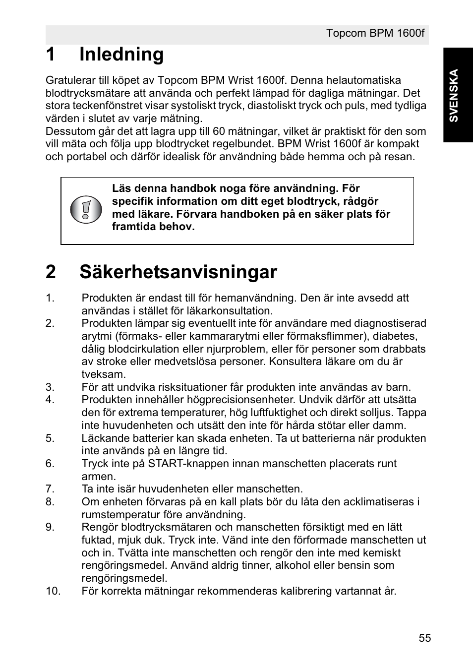 1inledning, 2säkerhetsanvisningar | Topcom BPM ARM 1600F User Manual | Page 55 / 96