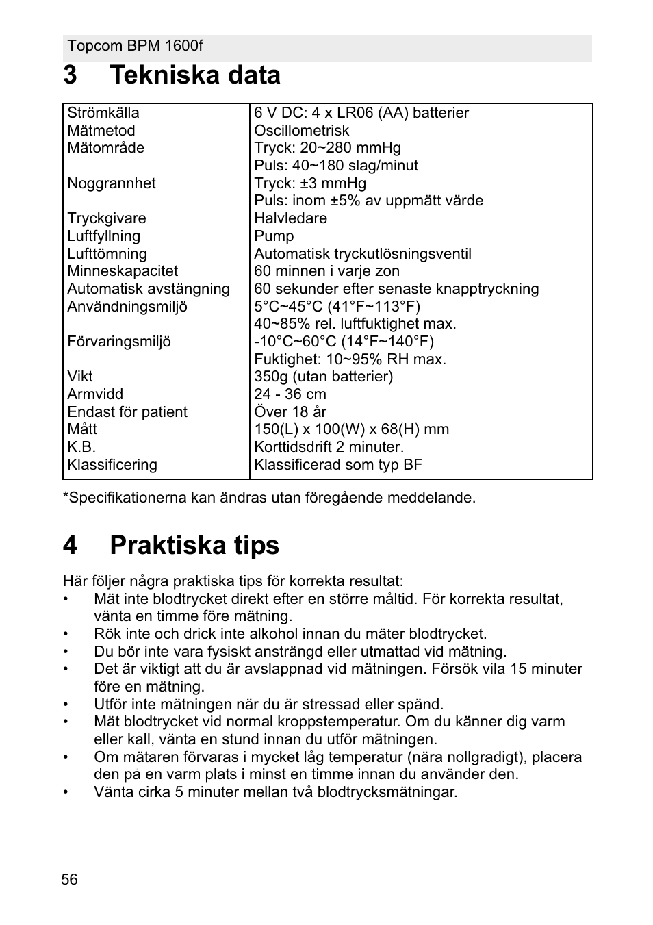 3tekniska data, 4praktiska tips | Topcom BPM ARM 1600F User Manual | Page 56 / 96