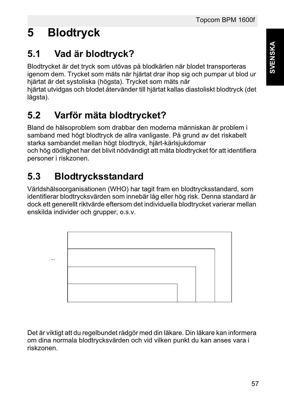 5blodtryck, 1 vad är blodtryck, 2 varför mäta blodtrycket | 3 blodtrycksstandard, Stage 2 hypertension, Stage 1 hypertension, Normal, Prehypertension | Topcom BPM ARM 1600F User Manual | Page 57 / 96