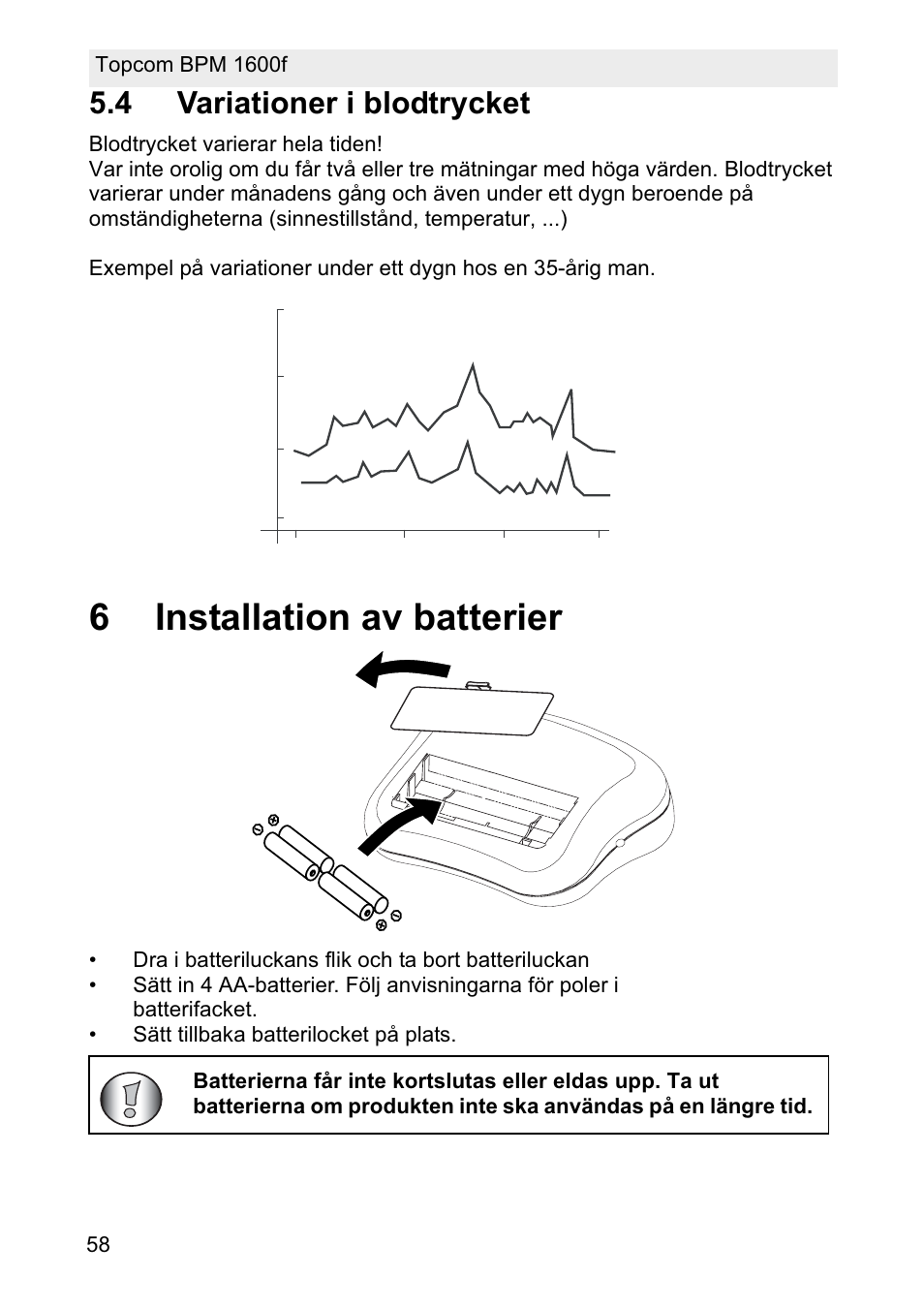 6installation av batterier, 4 variationer i blodtrycket | Topcom BPM ARM 1600F User Manual | Page 58 / 96